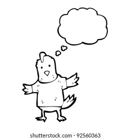 chicken with thought bubble wearing tee shirt