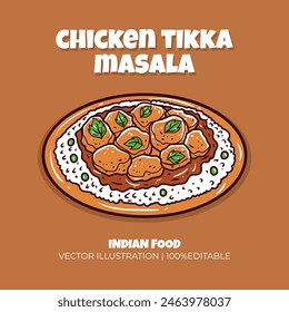 Chicken tikka masala Indian food vector illustration