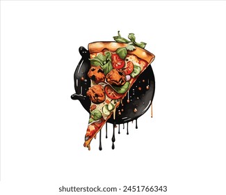 Chicken tikka pizza slice with flowing cheese vector illustration on white background