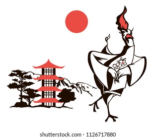 Chicken in traditional Chinese dress against the background of the pagoda