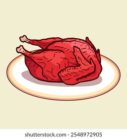 Carcasa de pollo o pavo en un plato horneado en el horno. Carne de aves. Comida y cocina. Elemento de diseño, ilustración de dibujos animados de Vector, aislado.