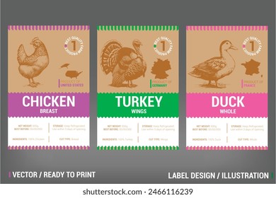 Chicken, Turkey and Duck Farm Meat Packaging Label vector design set. Including hand drawn rustic vintage illustration on craft paper pack. Badge with nutrition information, county of produce, storage