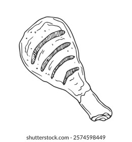 Chicken or turkey grilled leg. Poultry meat steak. Sketch icon. Barbeque grill food graphics.