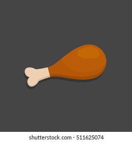Chicken or turkey leg isolated on dark background. Chicken thighs icon fried food vector in flat style. Drumstick