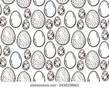 Chicken, turkey, quail eggs seamless pattern. Outline background for cookbook, greeting card, poster, invitation, banner, menu design. doodle background wrapping paper, package design. 