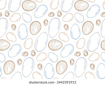 Chicken, turkey, quail, goose eggs seamless pattern. Outline background for cookbook, greeting card, poster, invitation, banner, menu design. doodle background wrapping paper, package design. 