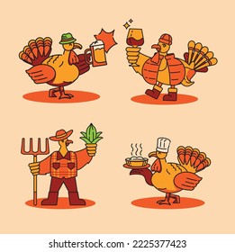 chicken turkeys cartoon thanksgicing celebration with drink wine and beer , corn harvest and making pie.