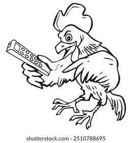 A chicken using a remote control. Illustration in outline and vector format. This illustration is not an AI Generated content. 