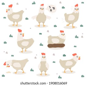 Chicken vector cartoon character, white hens . Vector set of cute birds on white background. Chicken family made in simple naive style cartoon doodles. Hens on the farm.