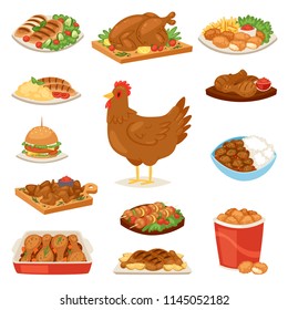 Chicken vector cartoon chick character hen and food chicken-wings with vegetables and barbecue sausage for dinner illustration set of fastfood burger and french fries isolated on white background