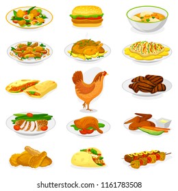 Chicken vector cartoon chick character hen and food chicken-wings with fried potatoes and barbecue meat for dinner illustration set of fastfood burger and french fries isolated on white background