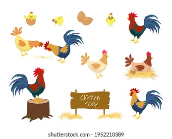 Chicken vector cartoon chick character hen and rooster in love with baby chickens or hen sitting on eggs in hen-coop. Chicken farm coop Vector.