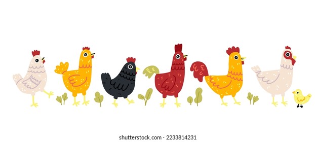 Chicken vector cartoon chick character hen and rooster. Vector set of cute birds on white background. Chicken family made in simple doodle naive cartoon style.