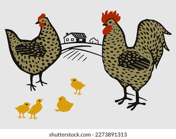 Ilustración dibujada a mano por el vector de pollo. Pollo, gallina moteada, gallo, gallo y pollitos en el fondo del país para el afiche, volante, diseño de paquetes de granja.