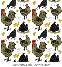 Chicken vector hand drawn seamless pattern. Chicken, speckled hen on nest, rooster, cock and chicks white background for poster, flyer, farm package design.