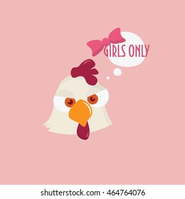   Chicken vector illustration for bachelorette parties. Hen and speech bubble "GIRLS ONLY". Good as template for for wedding celebration, girls party, hen party, women birthdays, ladies night out, etc