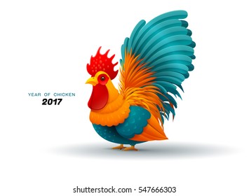 Chicken vector illustration in Color. Oriental Happy Chinese New Year 2017.