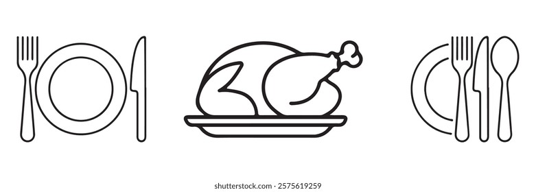 Chicken vector. Knife, spoon, and plate set icons. Menu symbol. Tableware set flat style. Fork knife. Vector illustration EPS 10