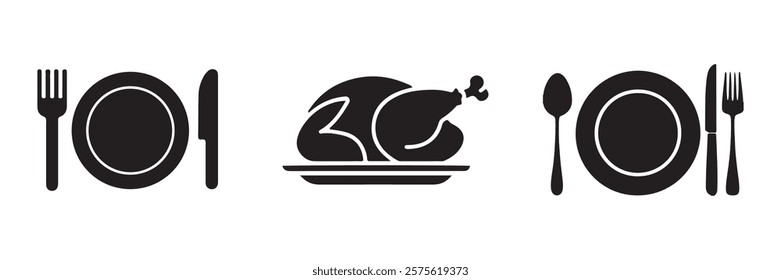 Chicken vector. Knife, spoon, and plate set icons. Menu symbol. Tableware set flat style. Fork knife. Vector illustration EPS 10