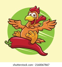 Chicken Vector Mascot Riding a chili while Smiling