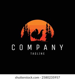 chicken vector silhouette logo emerging from above with trees behind and a beautiful sunset. best for logos, badges, emblems. available in eps 10