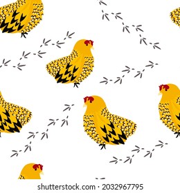 Chicken vector stock illustration. Seamless pattern of chicken legs. A cheerful Easter ornament. Traces of poultry.