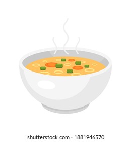 Chicken or vegetable broth, bouillon in white ceramic bowl icon. Hot soup stock served with greenery, carrots. Tasty liquid food. Vector cartoon illustration isolated on white for menu, cookbook.