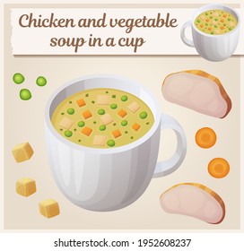 Chicken vegetable soup in a cup cartoon icon. Bullion with chicken meat, green peas, carrot cubes and croutons vector illustration. First course food with ingredients in set