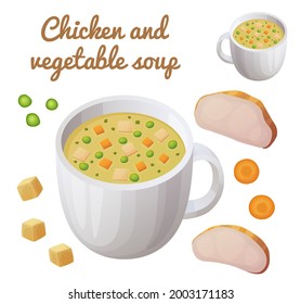 Sopa de verduras de pollo en un icono de una taza. Bulón con carne de pollo, arvejas verdes, cubos de zanahoria y croutons ilustraciones vectoriales aisladas en fondo blanco