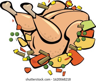 Chicken  with vegetables on lettuce leaves. Pop art. Retro style. Vector illustration
