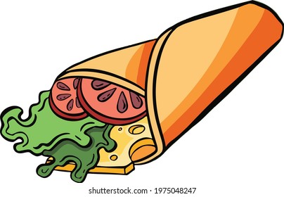 chicken, vegetables roll, fast food meal. Doner gebab, shawarma flat cartoon. Arabic, eastern food Buritto, taco - mexican food. Vector illustration