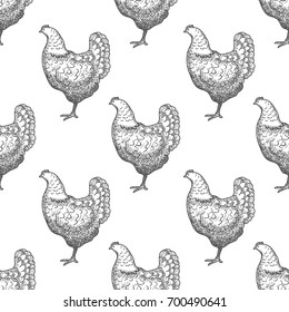 Chicken vintage engraved illustration seamless pattern background. Vector illustration