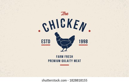 Chicken vintage logo. Chicken meat poster, logo template. Hen silhouette. Poultry hipster logo design. Vintage typography. Chicken logo, label, stamp, poster. Vector illustration