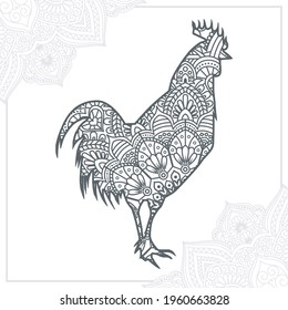 Chicken and Vintage Mandala decorative elements. Oriental pattern, vector illustration.
