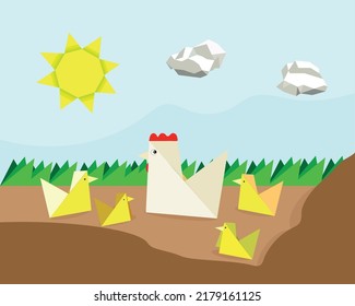 chicken walking with chicks under paper clouds and sun, style origami