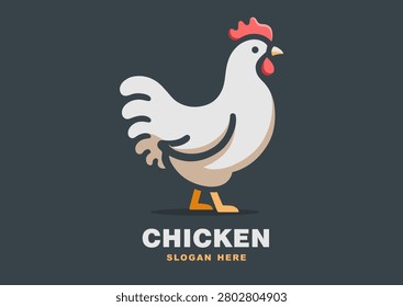 Chicken walks slowly across yard peaceful slow lifestyle with tranquil atmosphere. Side view. Vector illustration logo isolated on dark background. Hen silhouette art, farm poultry minimalist design