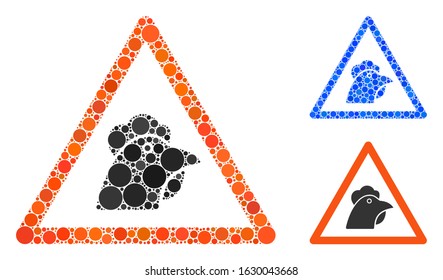 Chicken warning composition of spheric dots in variable sizes and shades, based on chicken warning icon. Vector dots are organized into blue composition.