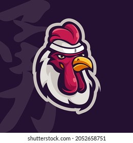 a chicken wearing a headband with a symbol of courage in Japanese font. mascot logo design illustration vector
