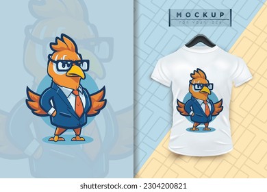 A chicken wearing a uniform like an office worker and a businessman in flat cartoon character design, vector mascot animal nature icon concept isolated premium illustration for logo, sticker, t-shirt.