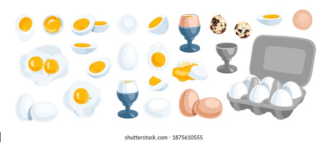 Chicken White, Brown And Quail Egg Set. Soft-boiled, Raw, Whole, Yolk, Benedict And Fried Organic Eggs. Vector Isolated Illustration In Flat Style.