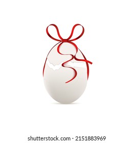 Chicken white egg with crack in 3d vector illustration, decorated with red ribbon. Broken egg with isolated on white background. Realistic eggshells with shadow, object for happy easter design.
