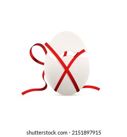 Chicken white egg with crack on realistic vector illustration, decorated with red ribbon. Two halves of broken egg tied on cross isolated on white. Realistic eggshells with shadow, easter design
