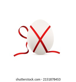 Chicken white egg wrapped as a gift for Easter with festive red ribbon, realistic mockup vector illustration isolated on white background. Easter holiday symbol.