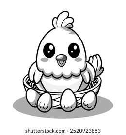 chicken, white hen sits on the eggs. vector illustration