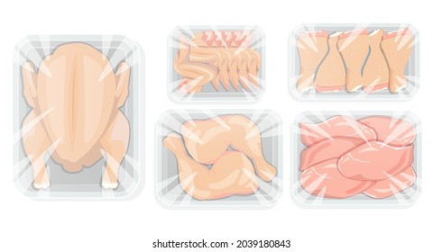 Pollo en bandeja blanca. Pollo entero y sus partes pechos, cucharas de piernas, filete están en la película de revestimiento cubierta de bandeja. Ilustración vectorial.