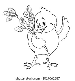 Chicken with willow branches. The sketch marker. Hand drawing. Vector