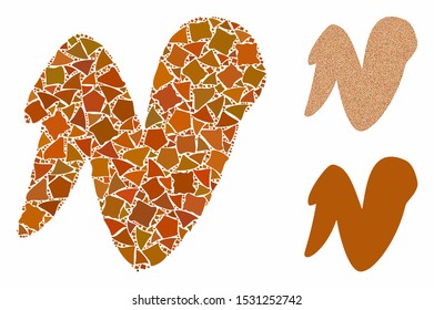 Chicken wing composition of ragged pieces in different sizes and color tints, based on chicken wing icon. Vector bumpy pieces are composed into collage. Chicken wing icons collage with dotted pattern.