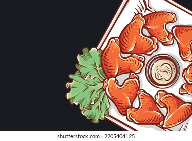 Chicken wing dish illustration close-up isolated in black. Chicken Hand-drawn food top views in full color. Colorful chicken drawing vector design background