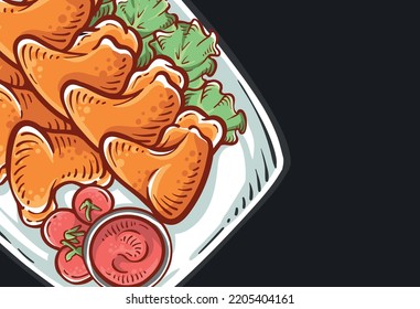 Chicken wing dish illustration close-up from the top view. Chicken Hand-drawn food in full color isolated in black. Colorful chicken drawing vector design background