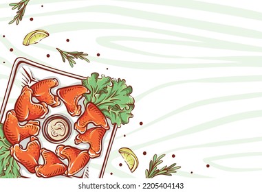 Chicken wing dish illustration top view. Chicken Hand-drawn food with lemon slices and herbs in full color. Colorful chicken drawing vector design background